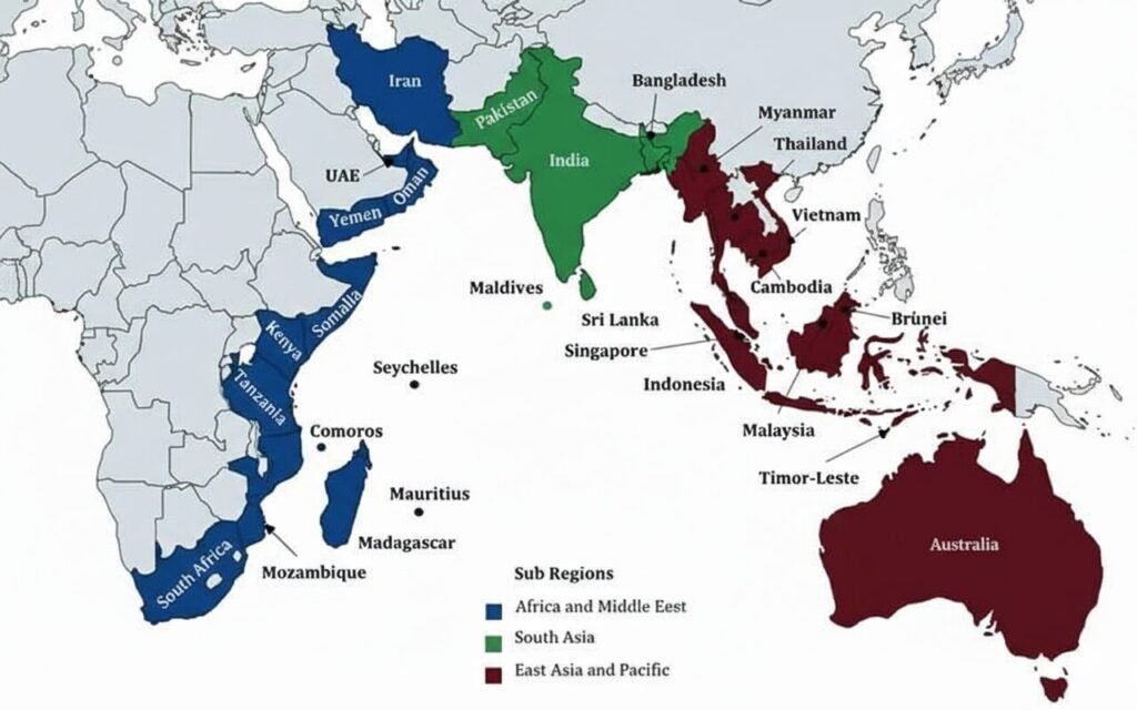 Indian Ocean region map showing 28 countries, IORA members, strategic importance, 2.6 billion population
