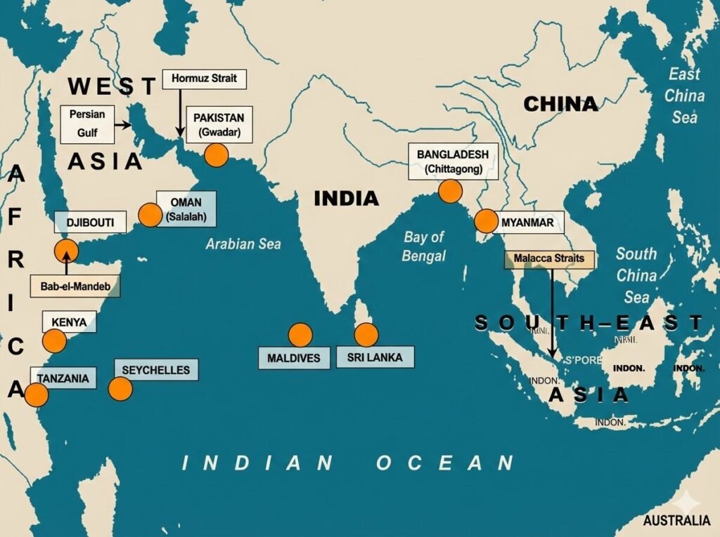 String of Pearls China strategy map showing ports Gwadar, Hambantota, Djibouti, and Myanmar encircling India