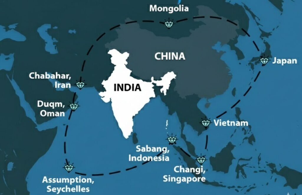 Necklace of Diamonds India strategy Duqm Port Assumption Island Sabang Changi naval bases counter China