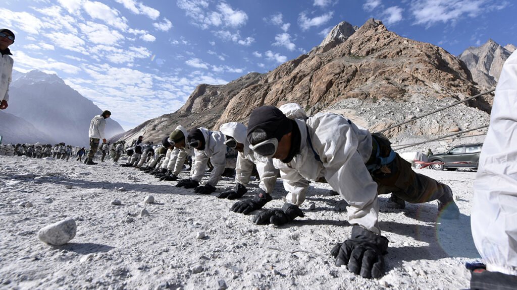 Indian Army Siachen training exercises showing soldiers in Arctic gear preparing for high altitude operations.