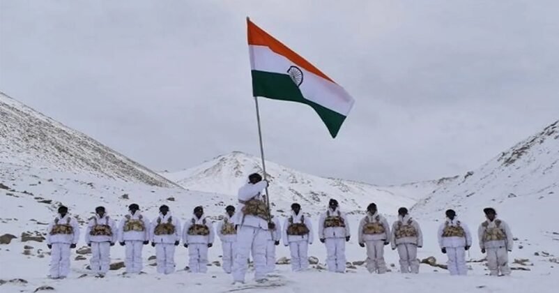 Indian tricolor flag flying at Bilafond La Siachen Glacier after Operation Meghdoot 1984 success.