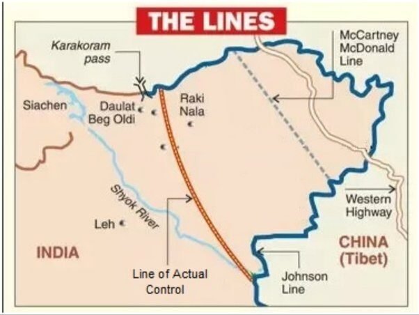 India China border dispute map showing Johnson Line McMahon Line and Line of Actual Control LAC