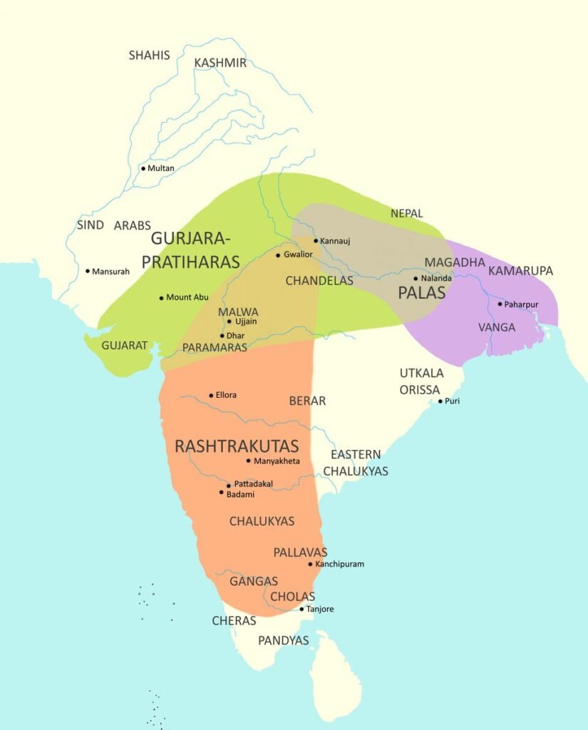 tripartite struggle for Kannauj map medieval India