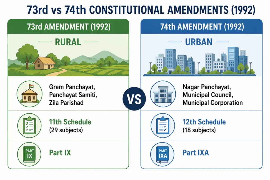 Side-by-side comparison of India's 73rd Amendment for rural Panchayati Raj and 74th Amendment for urban municipalities