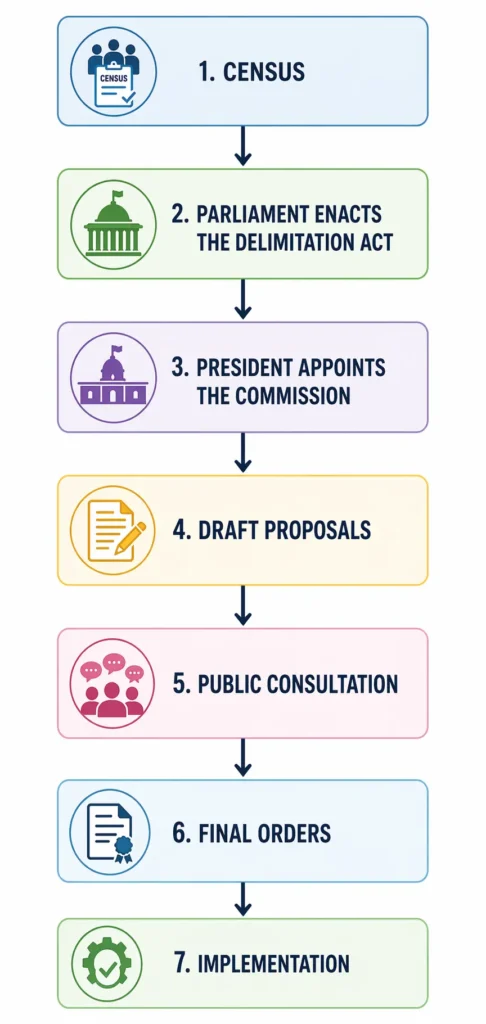Flowchart showing the six-step delimitation process in India from census to implementation