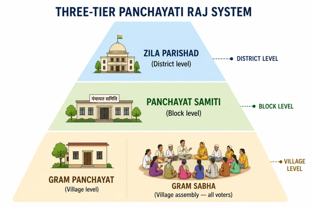 Pyramid diagram showing the three-tier structure of Panchayati Raj institutions in India under the 73rd Amendment