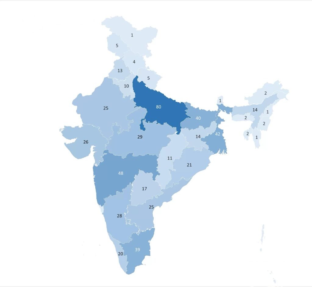 Map of India showing parliamentary constituency boundaries used for Lok Sabha elections