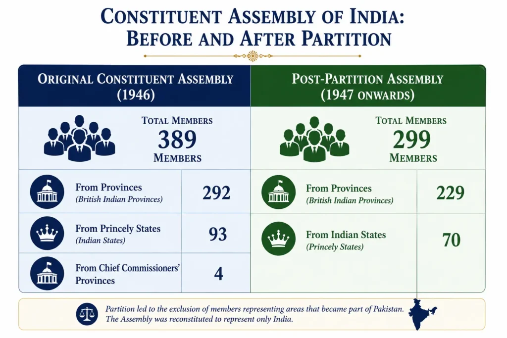 Constituent Assembly of India membership before and after Partition — comparison of 389 original members vs 299 post-Partition members
