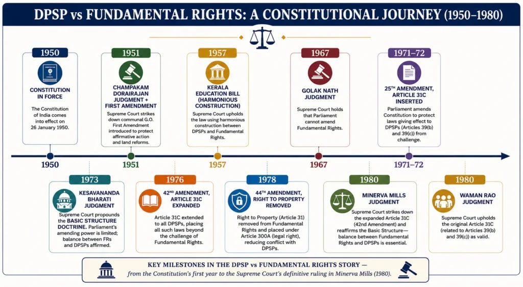 Timeline of DPSP vs Fundamental Rights legal history in India from 1950 to 1980