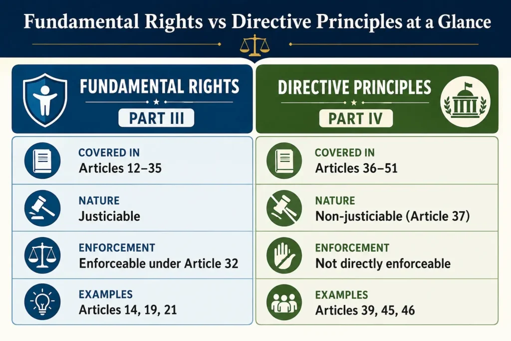  Comparison table of Fundamental Rights vs Directive Principles of State Policy in the Indian Constitution