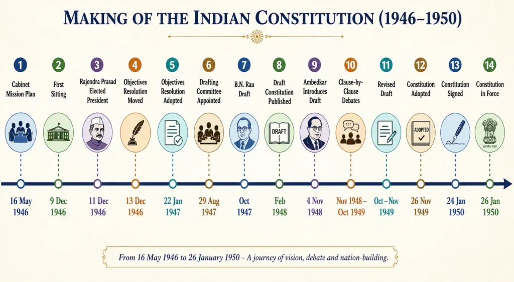 Timeline of the Constituent Assembly of India showing how the Indian Constitution was written between 1946 and 1950