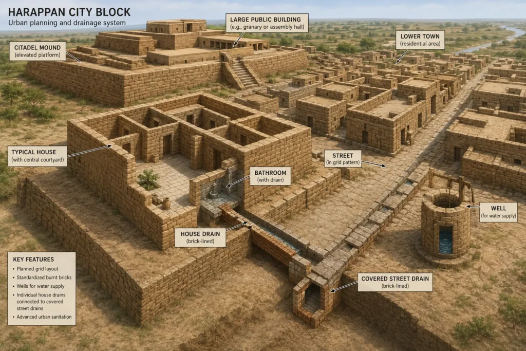 Diagram of Harappan city planning showing citadel, lower town grid streets, drainage system, and wells