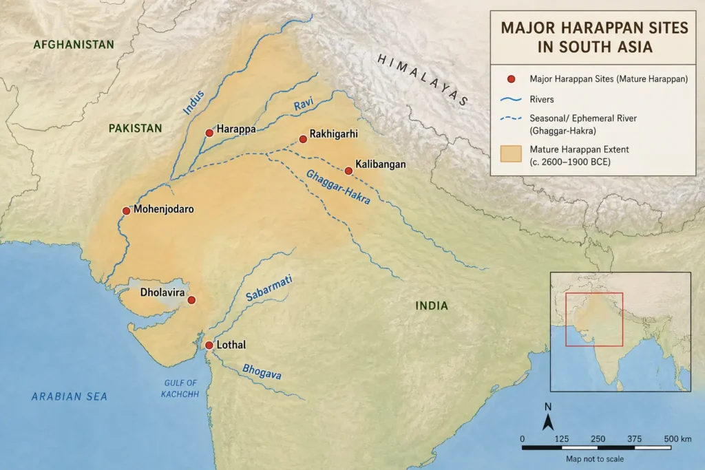 Map showing major Harappan Civilization cities, including Mohenjo-Daro, Harappa, Dholavira, Lothal, Rakhigarhi, and Kalibangan