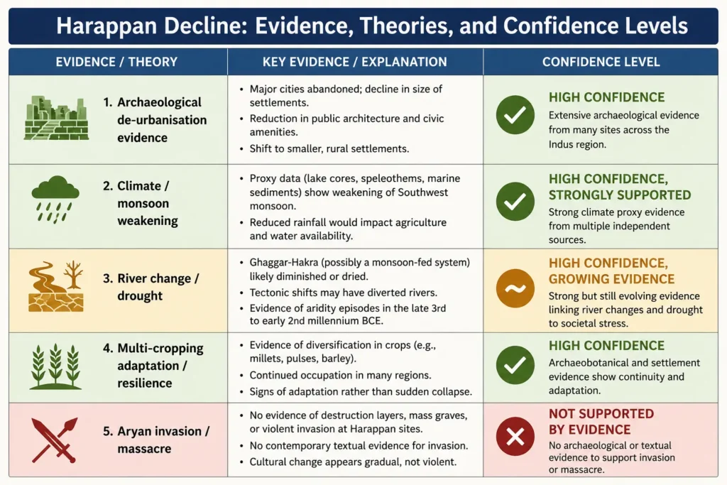 Table summarising theories for decline of Indus Valley Civilization with confidence levels — climate change supported, Aryan invasion not supportedSource note / Production note: In-house graphic.