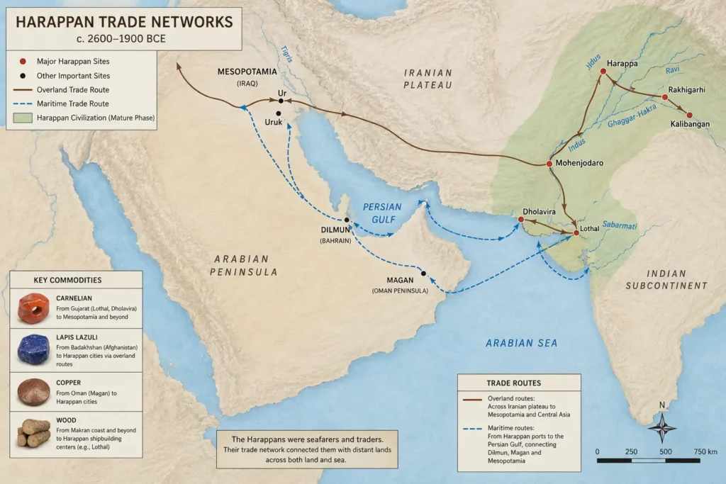  Map of Harappan trade routes with Mesopotamia, Dilmun, and Magan showing ancient Indian Ocean trade connections