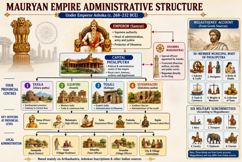 Mauryan administration chart showing the emperor, provincial centres, Mahamatras, Dhamma Mahamatras, and Megasthenes municipal structure