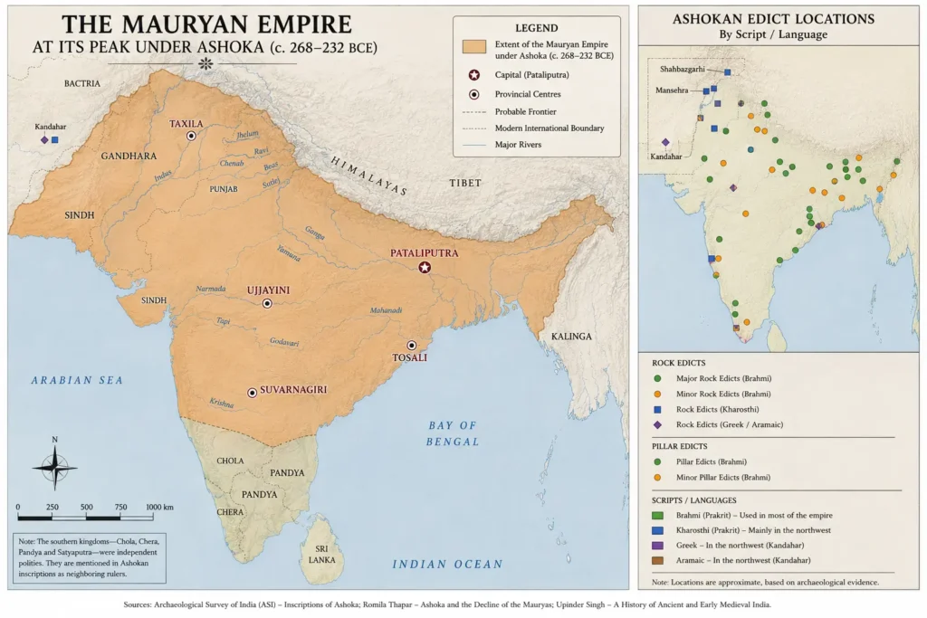 Map of the Maurya Empire showing Pataliputra capital, provincial centres, Taxila, Ujjayini, Tosali, Suvarnagiri, and Ashokan edict locations
